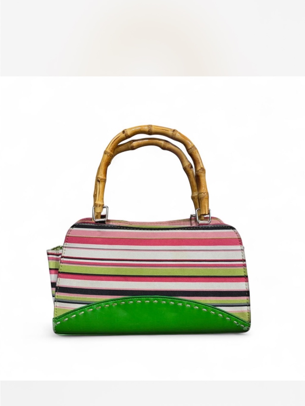 Y2K Striped Pink & Green Bamboo-Handle Women’s Handbag